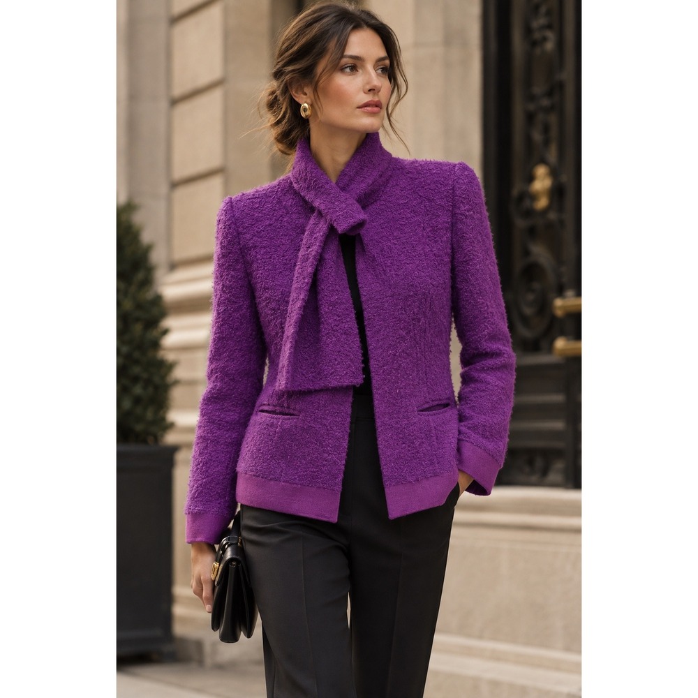 Oscar de la Renta Vintage Boucle Tie Neck Open Front Textured Jacket - Size 4